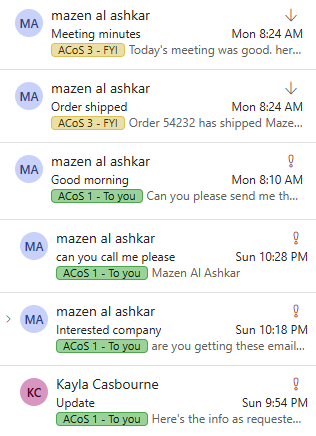 Outlook inbox with ACoS section labels
